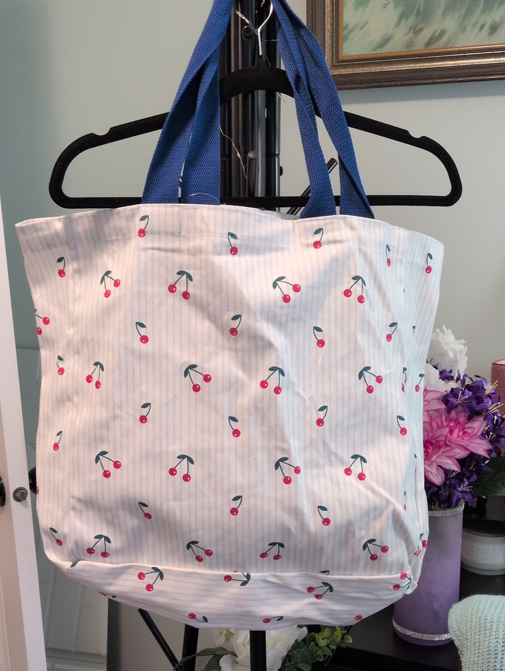 Cherry-Print Canvas Tote with Blue Handles
